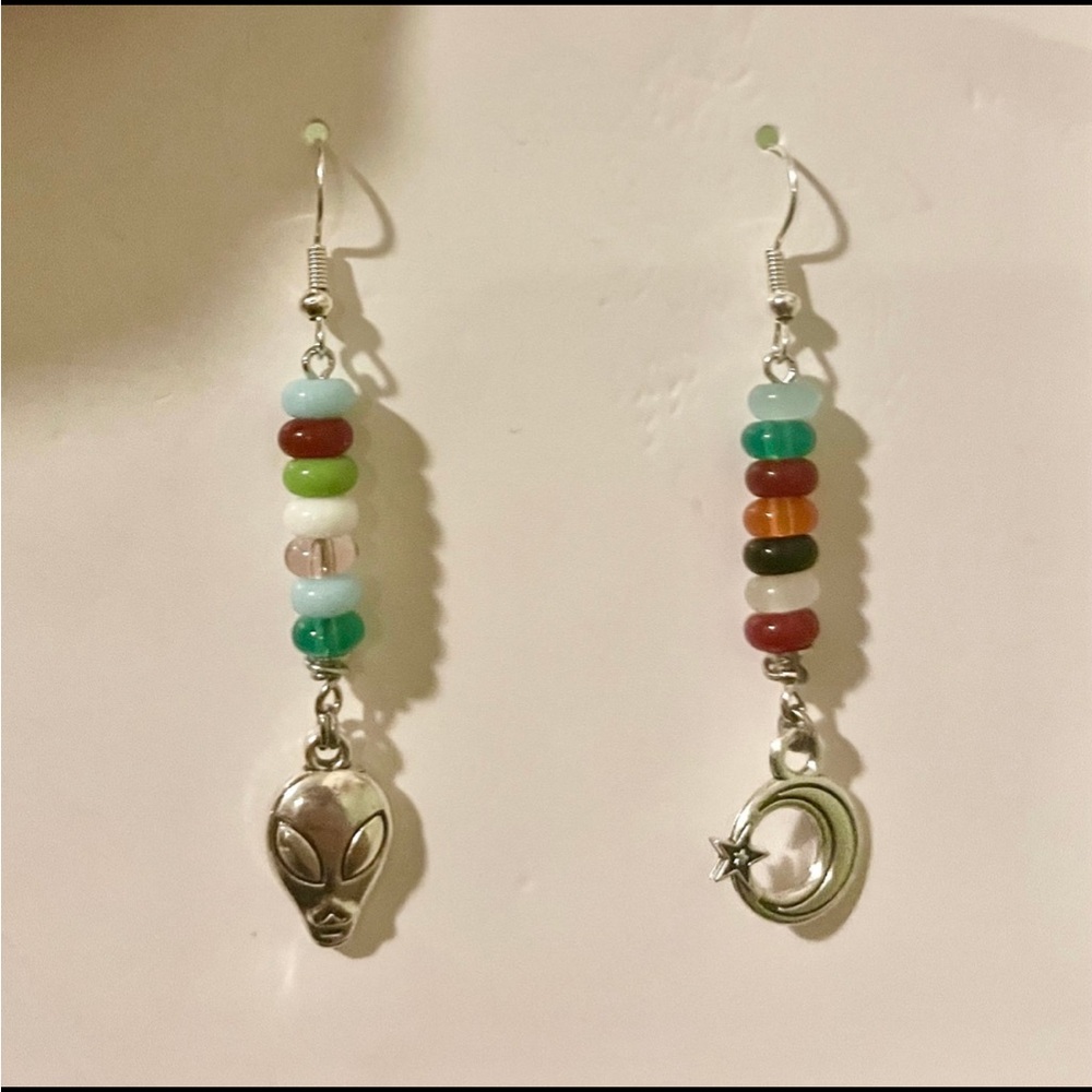 Handmade Multicolor Beaded Alien & Star Charm Earrings